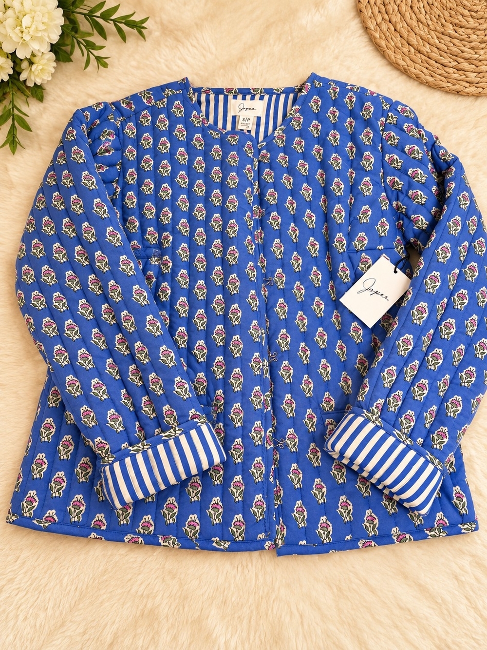 Japna Royal Blue Quilted Floral Puffer Jacket with Striped Cuffs